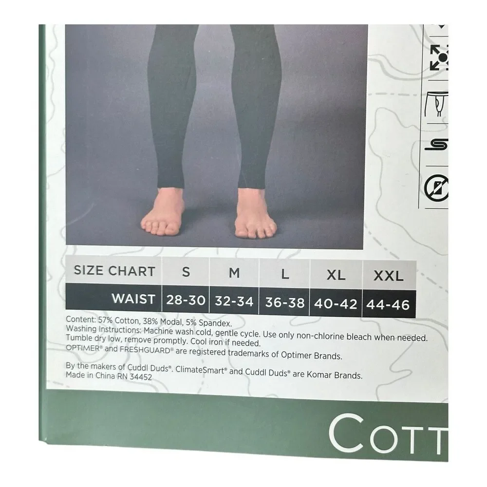 Men’s Base Layer Pants Midweight Cottonwear Performance Cuddl Duds Black Size XL